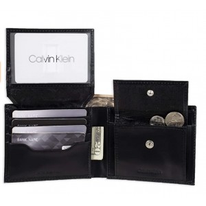 Calvin Klein Men's RFID Blocking Leather Bifold Coin Wallet- Black